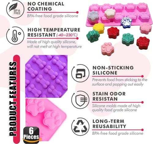 Miniatura 5 de Moldes de silicona para patas y huesos de cachorro, moldes para hornear, moldes de chocolate, molde de silicona para golosinas para perros, paquete