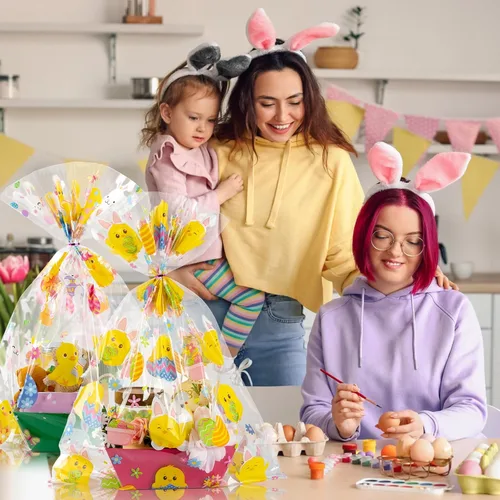 Miniatura 5 de Cholemy 30 bolsas grandes de regalo de celofán de Pascua a granel de 19.7 x 27.6 pulgadas, huevos de conejito de Pascua, pollitos, bolsas