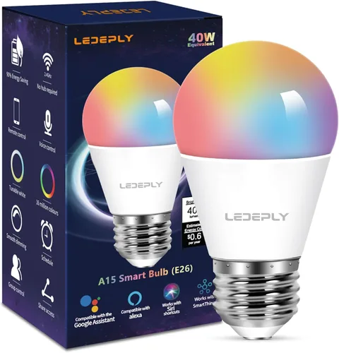 Bombilla inteligente A15, bombillas LED WiFi E26, equivalente a 5 W a 40 W, cambio de color RGB regulable, compatible con Alexa Google, solo WiFi de