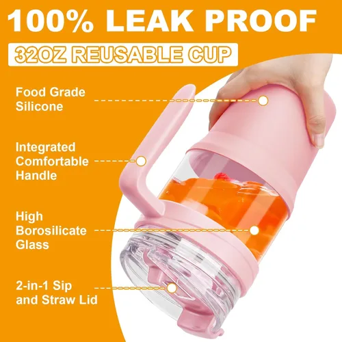 Miniatura 3 de Tronco Vaso de vidrio de 32 onzas con popote y tapa, tapa con popote 2 en 1 a prueba de fugas, botellas de agua de vidrio con asa, apto para Rosa