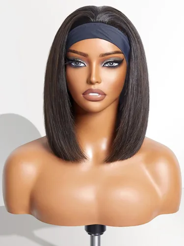 LUVME HAIR Peluca de cabello humano Bob con diadema lista para llevar, sin encaje, sin pegamento, peluca de cabello humano corto y lacio con banda