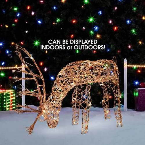Miniatura 7 de Alpine Corporation Decoración de Césped de Reno Pastando de Ratán para Exteriores de 24 Pulgadas de Alto con Luces LED Blancas, Decoración de Patio