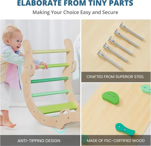 Miniatura 7 de BlueWood Conjunto de Triángulo Pikler, Juguetes de Escalada de Madera para Niños Pequeños para Interiores 7 en 1 Escalador Plegable para Niños