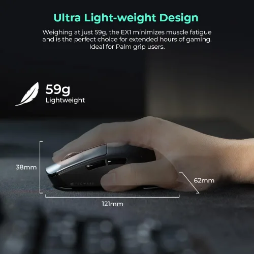 Miniatura 8 de TECWARE EX1 - Mouse ligero para juegos Mouse inalámbrico de 26 K DPI con pantalla OLED Diseño ultraligero de 2.08 oz Base de carga RGB Negro
