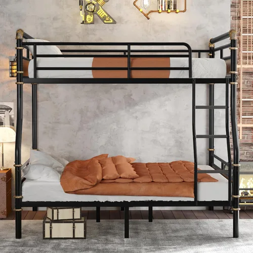 Miniatura 3 de KEIKI Litera desmontable de metal tamaño matrimonial XL con escaleras, cabecera de MDF y barandilla, literas modernas con listones sólidos,