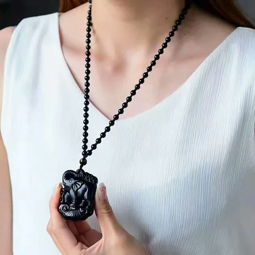 Miniatura 6 de Collar de obsidiana negra con colgante de protección y cadena de cuentas extendida, amuleto de piedra de cristal curativo para hombres y mujeres