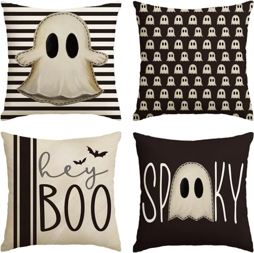 AVOIN colorlife Juego de 4 fundas de almohada de Halloween Hey Boo con diseño de fantasma, 16 x 16 pulgadas, para sofá