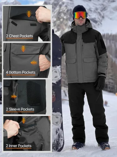 Miniatura 7 de FREE SOLDIER Chaqueta de esquí impermeable para hombre, abrigo cálido de invierno para nieve, snowboard con múltiples bolsillos, capucha desmontable