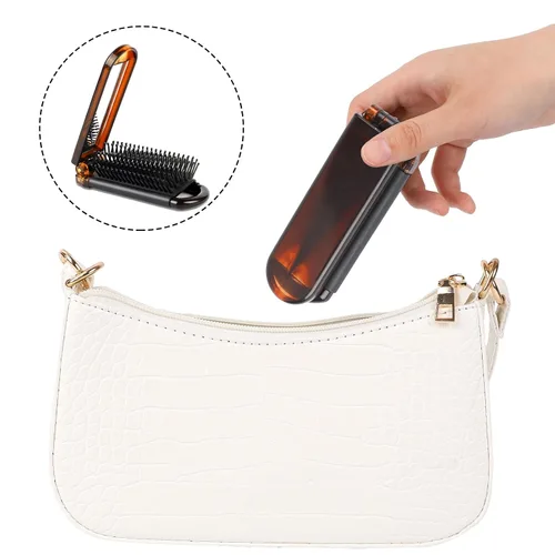 Miniatura 5 de Cepillo de pelo plegable compacto con espejo, paquete de 2 peines de viaje portátiles y mini cepillo de pelo para mujeres, gimnasio, viajes, bolso