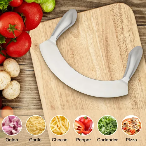 Miniatura 2 de Cuchillo Mezzaluna de acero inoxidable de 8.7 pulgadas, picador de ensalada, cortador de pizza, cuchillo basculante de hoja curvada, hoja afilada