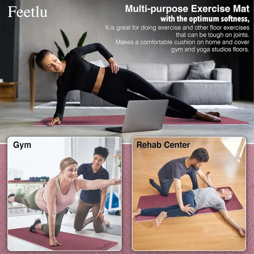 Miniatura 6 de Tapete de yoga para ejercicios extra grueso con correa - 2/5 pulgadas (10 mm), tapete antideslizante para entrenamiento de yoga, pilates y Rojo