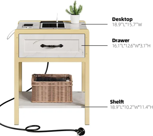 Miniatura 6 de IDEALHOUSE Mesa auxiliar moderna, mesita de noche blanca y dorada con estación de carga, mesita de noche con cajón, mesa auxiliar moderna
