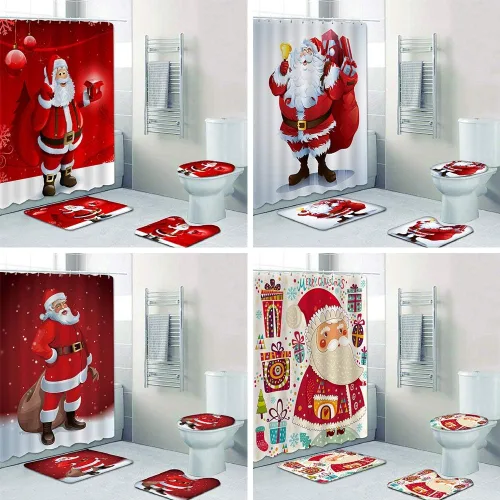 Miniatura 3 de Juego de 4 cortinas de ducha con alfombra antideslizante, cubierta para tapa de inodoro y tapete de baño, cortina de ducha de poliéster de Papá Noel