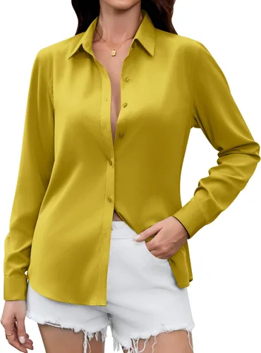 Miniatura 14 de Camisas Premium de Seda Satinada Suave y Transpirable con Botones para Mujer, Blusas de Manga Larga, Tops de Trabajo Casuales