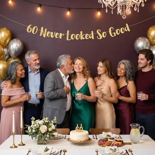 Miniatura 7 de Pancarta dorada con purpurina de 60 años preencordados con la frase "Never Looked So Good" – Decoraciones de cumpleaños 60 y aniversario para Dorado