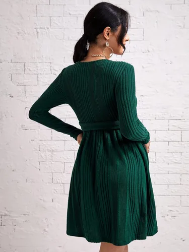 Miniatura 2 de MakeMeChic Vestido de maternidad para mujer, manga larga, cuello en V, acanalado, con cinturón, vestido de embarazo