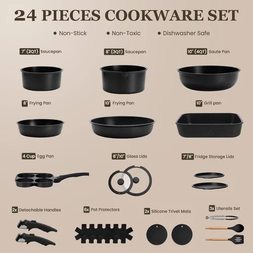 Miniatura 2 de KIKCOIN Juego de 24 ollas y sartenes antiadherentes, juego de utensilios de cocina con mango desmontable/extraíble, juego de sartenes con sartenes
