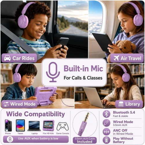 Miniatura 5 de MIDOLA Auriculares Bluetooth para niños, con cancelación activa de ruido, ligeros, inalámbricos, para niños, volumen limitado, 85/94 dB, plegables