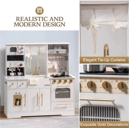 Miniatura 4 de ROBUD Juego de cocina de madera para niños, cocina de juguete de simulación con máquina de hielo, máquina de café, horno, microondas, gabinete