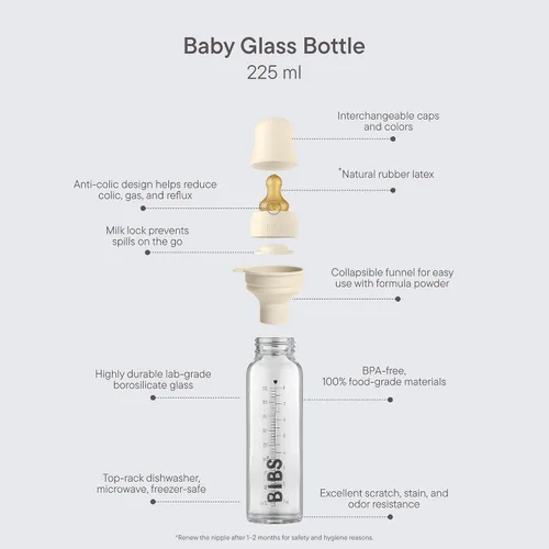 Miniatura 2 de BIBS Biberón de vidrio para bebé. Anticólico. Tetilla de látex de goma natural redonda. Respalda la lactancia natural, Juego completo - 225 ml, Azul
