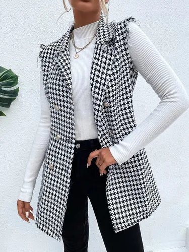 Miniatura 3 de WDIRARA Chaqueta larga con estampado de pata de gallo para mujer, sin mangas, con solapa, ribete sin procesar, con botones en la parte delantera
