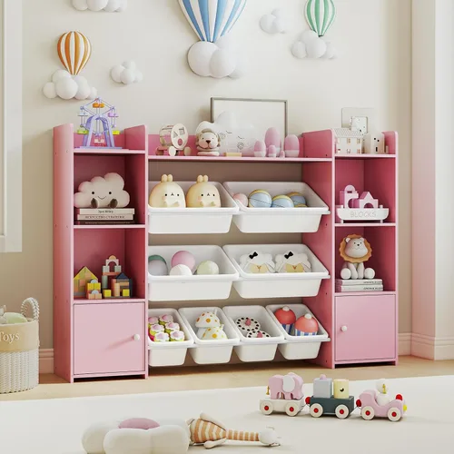 Miniatura 2 de HONEY JOY Organizador de almacenamiento de juguetes para niños, armario de almacenamiento de piso de madera con 8 contenedores extraíbles, estante
