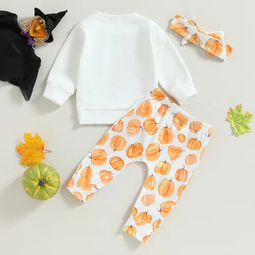 Miniatura 6 de Ropa de invierno para bebé niña, sudadera de cuello redondo con diseño de calabaza, pantalones deportivos de flores, diadema para niños pequeños