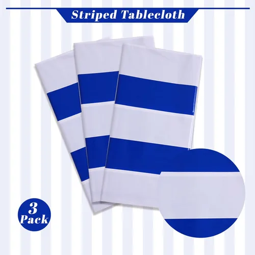 Miniatura 3 de Kesfey - Paquete de 3 manteles de plástico desechables, 54 x 108 pulgadas, diseño horizontal a rayas azul y blanco, náutico, impermeable, Rayas