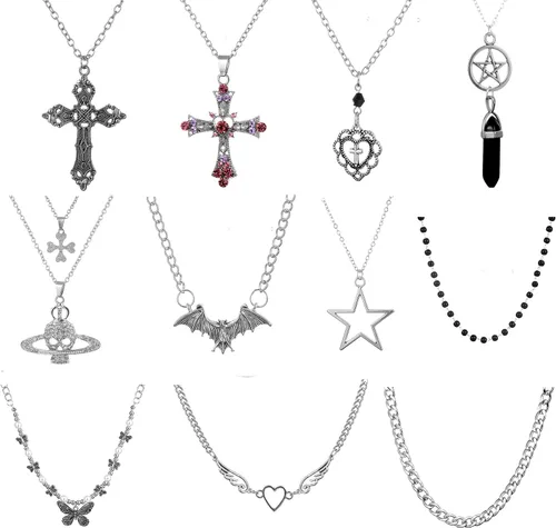 YUOOS Juego de 11 collares punk vintage, gótico, grunge, Saturno, estrella, mariposa, bohemio, cristal, Y2k, cruz Y2k, colgante, corazón, ala,