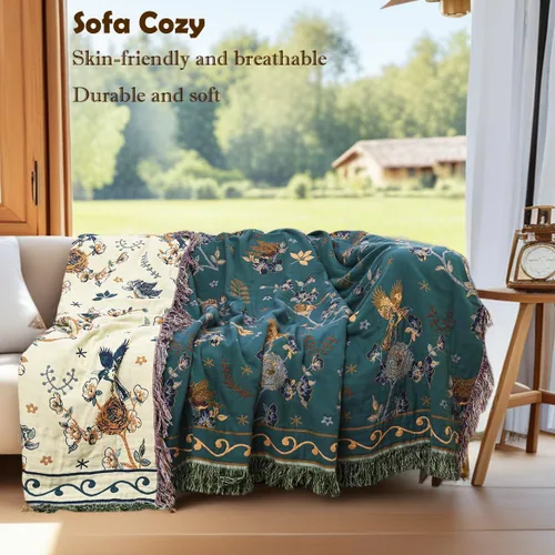 Miniatura 2 de VANJOROY - Manta bohemia de 100% algodón orgánico, transpirable, ultrasuave, decoración rústica, manta decorativa con diseño floral para todas