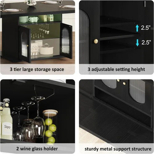 Miniatura 4 de HSH Mesa de comedor negra para 4 a 6, moderna mesa de comedor de cocina con estante de almacenamiento de 3 niveles y gabinete de puerta acrílico