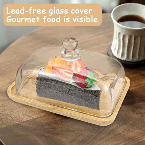 Miniatura 5 de Mantequera de cristal transparente con tapa, recipiente para mantequilla, queso crema y pastel de postre (bambú)