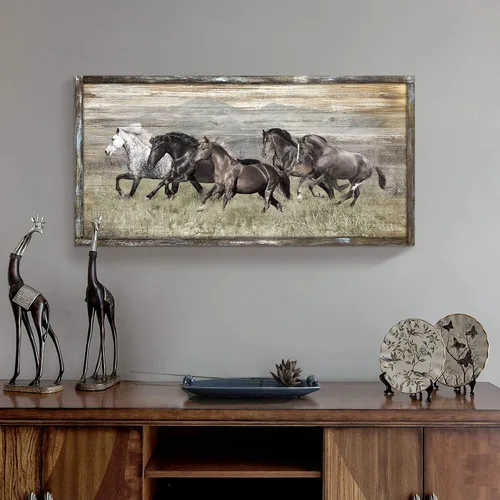 Miniatura 4 de Cuadro de caballos de madera para decoración de pared: pintura moderna de animales de caballo de vida silvestre sobre arte de pared de madera