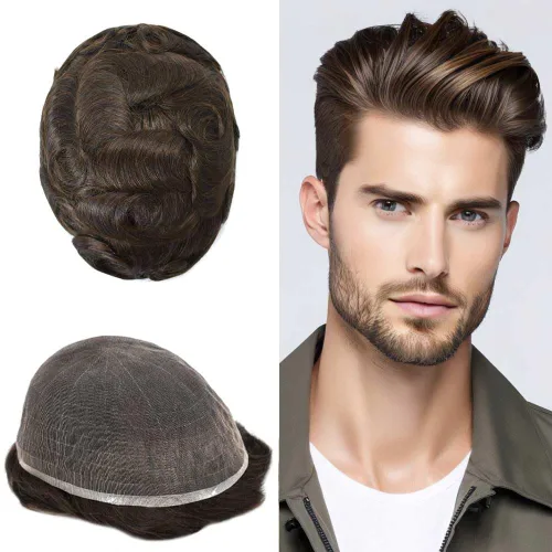 Miniatura 103 de Toupee For Men Real Human Hair System Mens Hair Piece Breathable Mens Toupee Durable Men Hairpiece 6X8#1 Jet Black 80% Density