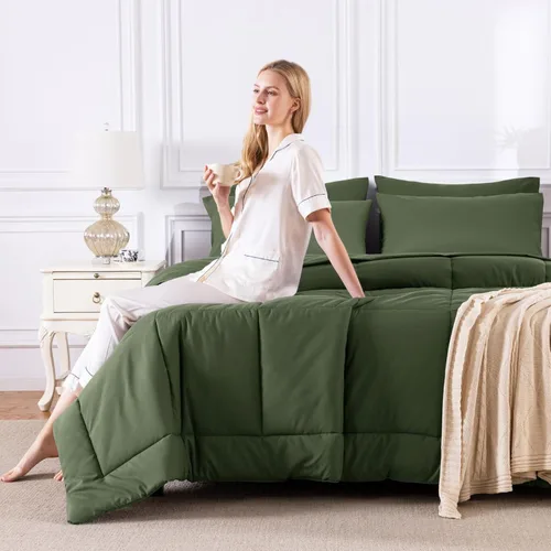 Miniatura 7 de CozyLux Juego de edredón tamaño King, color verde oliva, 7 piezas en una bolsa, edredón verde tamaño King, juegos de ropa de cama para todas