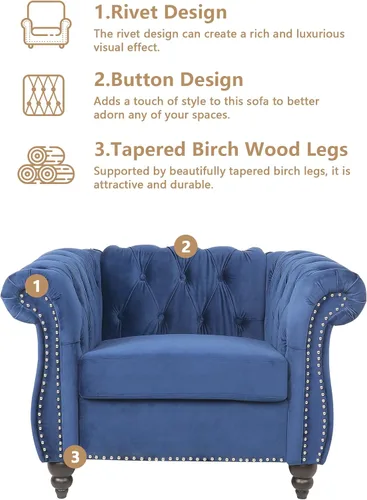 Miniatura 4 de QHITTY Juego de 2 piezas para sala de estar, Silla Sofá Seccional Chesterfield Contemporáneo Tapizado de Terciopelo Loveseat Juegos de Sofá para Azul