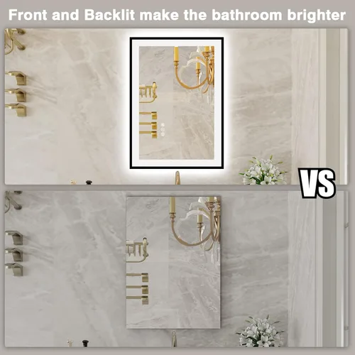 Miniatura 7 de EchosLife Espejos de baño LED de 20 x 28 pulgadas para pared, marco de aluminio negro (frontal y retroiluminado), espejo de tocador antivaho