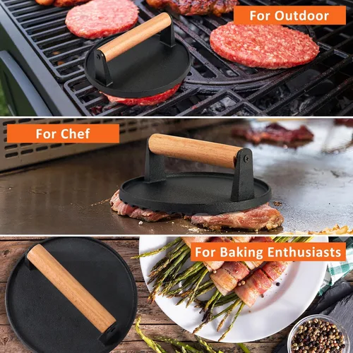 Miniatura 6 de Leonyo Smash - Kit de hamburguesa, cubierta de hilvanado de 12 pulgadas para plancha, prensa redonda de tocino de hierro fundido para queso, tapa