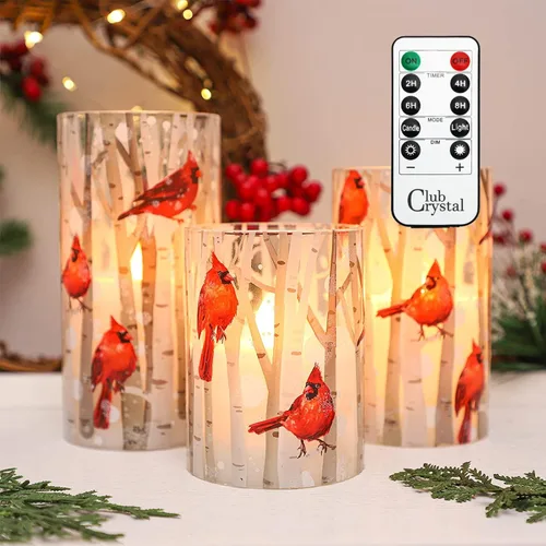Crystal Club Velas sin llama, temática cardenal, juego de 3 velas LED a pilas con control remoto, cera real y efecto de vidrio con temporizador para