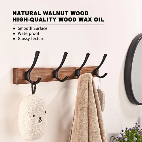 Miniatura 2 de Perchero de pared pequeño de madera de nogal de 17.3 pulgadas con 4 ganchos, colgador de chaquetas de madera resistente montado en puerta