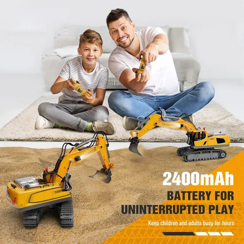 Miniatura 3 de KIDMARKT Excavadora de juguete con control remoto para niños Camión de construcción de metal de 11 canales con luces, 2 baterías de 1200 mAh