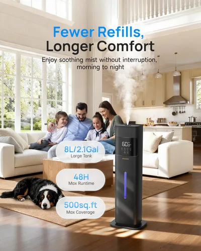 Miniatura 3 de Humidificadores de niebla cálida y fría para dormitorio, 500 pies cuadrados, humidificador de llenado superior de 2.1 galones/8L, habitación grande
