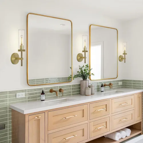Miniatura 5 de Apliques de pared de latón moleteado para interiores, apliques de tubo de vidrio de 14 pulgadas, apliques de pared dorados para tocador de baño
