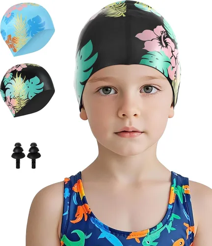 Miniatura 7 de Aegend Paquete de 2 gorros de natación para niñas y niños de 3 a 15 años, gorro de natación impermeable para niños, de silicona duradera