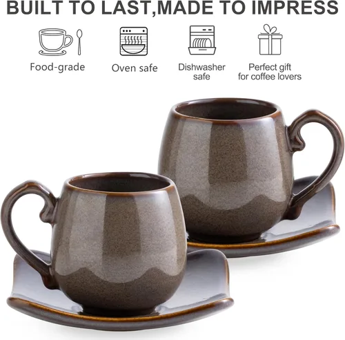 Miniatura 3 de LYEOBOH Juego de 6 tazas de café expreso de 3 onzas con platillos, tazas de café pequeñas de cerámica con soporte y cucharas, lindas tazas demitasse