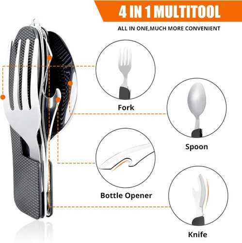 Miniatura 4 de Utensilios para campamento HIKENTURE 4 en 1, juego de tenedor, cuchillo, cuchara y abridor de botellas de acero inoxidable con estuche de Negro