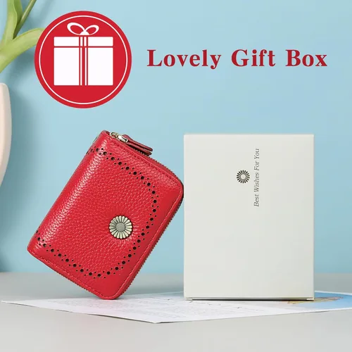 Miniatura 9 de GOIACII Cartera con tarjetero RFID para mujer, pequeña cartera de piel auténtica con 2 cremalleras