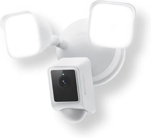 WYZE Floodlight Camera v2, cámara de seguridad para exteriores, 2K HD con visión nocturna a color, LED de 2800 lúmenes, visión amplia de 160°, Blanco