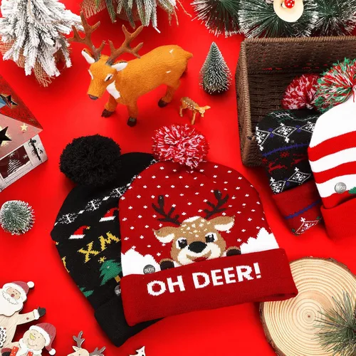 Miniatura 7 de Geyoga Sombrero de suéter de Navidad con luces LED, gorro de punto, gorro de invierno unisex