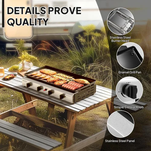 Miniatura 4 de Bonnlo Plancha de Propano Portátil de 4 Quemadores, 40,000 BTU Plancha de Gas con Bandeja Esmaltada, Plancha de Gas de Superficie Plana Rodante